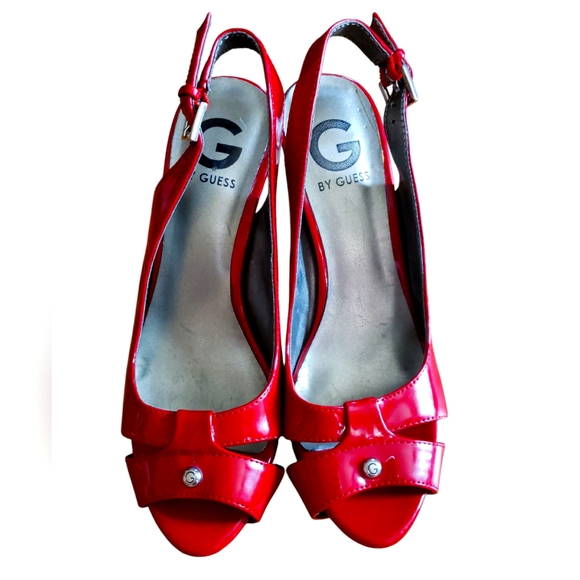 Guess Cathy Sexy Red Patent Leather Peep-Toe Sling Back Pumps Size 7 - Picture 4 of 5
